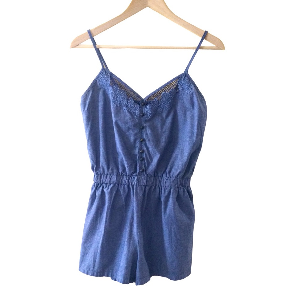 Forever 21 Chambray / Denim Eyelet Romper 100% Cotton Farmhouse Western